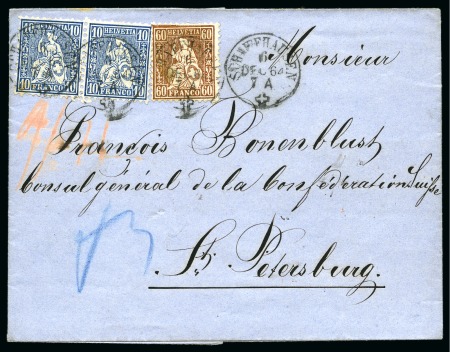 Stamp of Switzerland / Schweiz » Sitzende Helvetia Gezaehnt » Frankaturen 60C kupferbronze zusammen mit zwei 10C blau entwertet