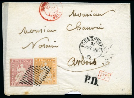 Stamp of Switzerland / Schweiz » Sitzende Helvetia Ungezähnt » 1854-55 Berner Druck (I) 20Rp orange und 15Rp rosa (beide weissrandig), entwertet