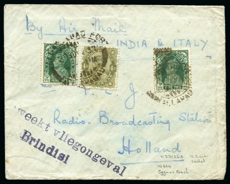1937 Cover from India franked 9pi (2) + 4a tied by