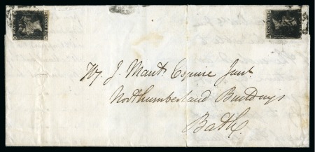 1840 1d Black pl.4 SG and TH each placed sideways in opposite corners on lettersheet