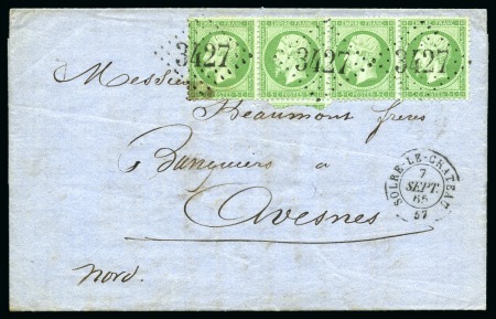 1862 5c vert en bande de quatre (exemplaire de gauche