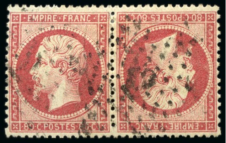 1862 80c rose en paire TETE-BECHE obl. étoile 2, TB, signé Calves, Roumet, cert. Menozzi (Yv. €10'000)
