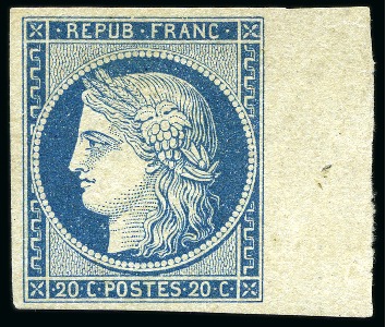 1849 20c bleu sur jaunâtre avec bdf latéral droit,