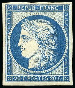 1849 20c bleu, NON EMIS, Réimpression de 1862, neuf