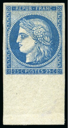 1849 25c bleu avec bord de feuille, Réimpression de