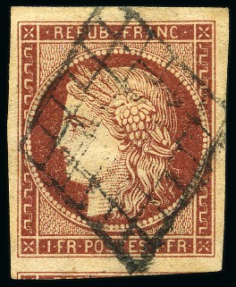 1849 1F carmin avec très grandes marges dont voisin