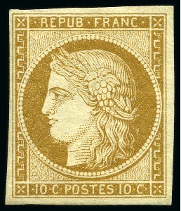Stamp of France 1849 10c bistre-jaune, neuf, TB, rare, cert. La Postale