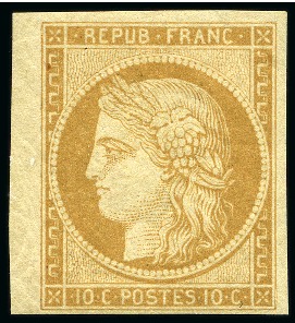 Stamp of France 1849 10c bistre claire, Réimpression de 1862 avec