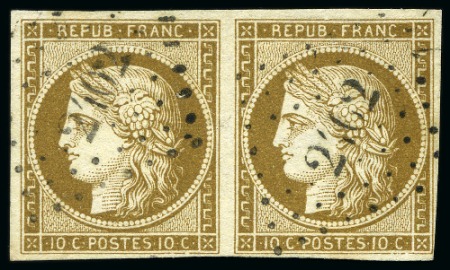 Stamp of France 1849 10c bistre brun en paire obl. PC 2402 de Périgueux,