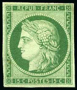 Stamp of France 1849 15c vert, Réimpression de 1862, neuf sans gomme,