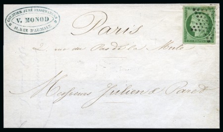 1849 15c vert obl. étoile sur lettre de Paris 25.05.52