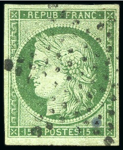 Stamp of France 1849 15c vert, trois exemplaires avec 3 nuances différentes