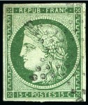 1849 15c vert, trois exemplaires avec 3 nuances différentes