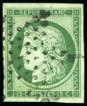 1849 15c vert obl. étoile, TB, signé A.Brun, cert.