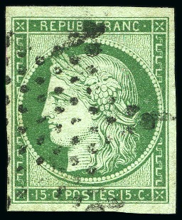 Stamp of France 1849 15c vert obl. étoile, TB, signé A.Brun, cert.