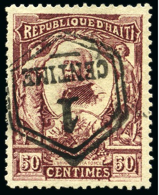 Stamp of Haiti 1906 1c on 50c Claret (inverted) unused, fine and scarce