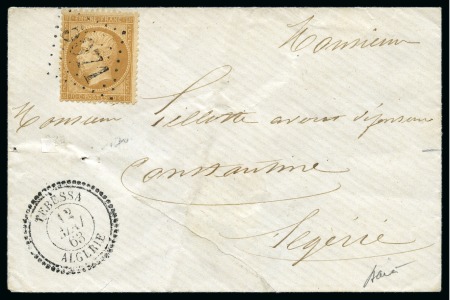 1863 GC 5071 sur 10c Empire dentelé sur lettre de Tébessa 12.05.63  pour Constantine, TB, signé Baudot