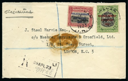 1923 Registered envelope to London bearing 1922 Borneo