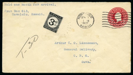 1922 Incoming US 2c stationery cover from Honolulu,