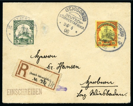 Stamp of South West Africa 1908 Registered envelope to Herborn, franked 5pf and