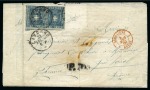 1860 20c Blue in pair tied Livorno on folded cover