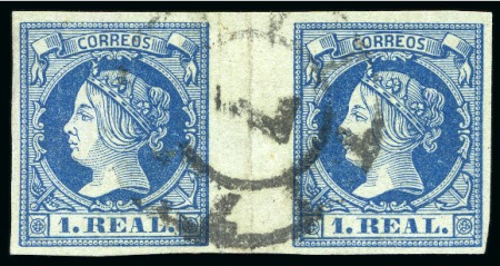 1860 Isabella II 1R Blue, horizontal GUTTER PAIR, centrally cancelled