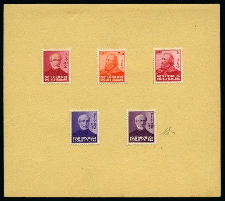Stamp of Italy 1945 Mazzini 2L carmine, 10L violet, 50L violet and Garibaldi 2.50L orange and 5L red, roofs all mounted on card, fine and scarce, signed A.Diena, cert. Sirotti (2000)