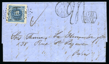 1860-61 1d Blue tied by LIMA 123 pmk on folded cover to Paris/France,