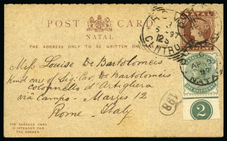 Stamp of South Africa » Natal 1897 1/2d brown, reply card with additional franking 1882-89 1/2a blue-green, with marginal plate no. 2, addressed to Italy, fine
