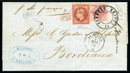 1873 Coat-of-Arms 1/2r pale rose tied by CORREOS LA GUAIRA in mixed franking with France
