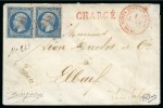 20c bleu, deux exemplaires obl. "CER-2" en rouge, sur lettre chargé pour Elbeuf, France, avec càd "CORP-EXPER-D'ITALIE-ROME" et "CHARGE" aussi en rouge, TB et très rare, seul affranchissement connu avec cette oblitér