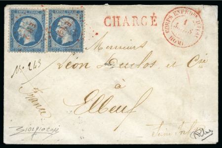 Stamp of France 20c bleu, deux exemplaires obl. "CER-2" en rouge, sur lettre chargé pour Elbeuf, France, avec càd "CORP-EXPER-D'ITALIE-ROME" et "CHARGE" aussi en rouge, TB et très rare, seul affranchissement connu avec cette oblitér