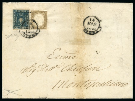 Stamp of Italian States » Tuscany 1860 20c Blue in mixed franking with Sardinia 1861 10c grey-bistre tied by SIENA 14 MAR 1861 cds on triple rate folded cover to Montepulciano