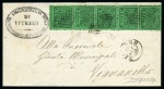 1868 5c Bright green, vertical strip of five showing