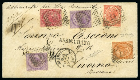 Stamp of Italy 1863-65, 2L vermilion +10c ocher +40c red carmine +