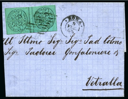 Stamp of Italian States » Papal States 1867 5c Blue-green, VERTICAL GUTTER PAIR, tied by lozenge