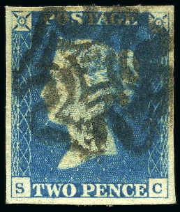Stamp of Great Britain » 1840 2d Blue (ordered by plate number) 1840 2d Blue pl.2 SC with good to very good margins, neat black MC, very fine