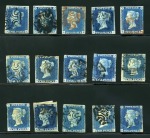 Stamp of Great Britain » 1840 2d Blue (ordered by plate number) 1840 2d Blue used group of 15, a few with four margins, various faults, some with nice cancels incl. one with Irish numeral