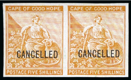 Stamp of South Africa » Cape of Good Hope 1871-76 5s yellow-orange, imperf. pair showing CANCELLED