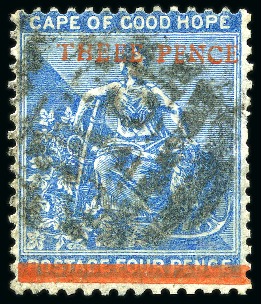 Stamp of South Africa » Cape of Good Hope 1879 3d on 4d blue, used, showing "THEEE" for "THREE", fine and scarce (SG £275)