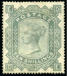 Stamp of Great Britain » 1855-1900 Surface Printed 1867-83 Wmk MC 10s greenish grey, unused without gum, rare (SG £60'000), cert. PFSA (2014)