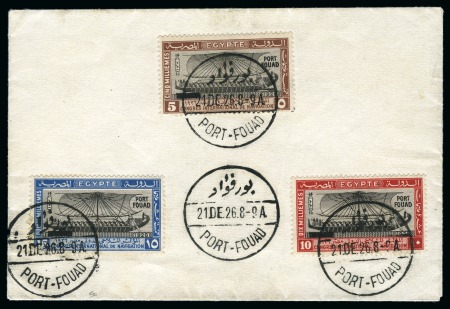 Stamp of Egypt » Commemoratives 1914-1953 1926 Port Fouad first day cover with 5m, 10m and 15m tied by clear cds