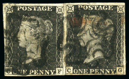 Stamp of Great Britain » 1840 1d Black and 1d Red plates 1a to 11 1840 1d Black CF-CG re-joined pair, very close to good margins