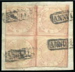 1858 1/2gr Rose Lake, plate I, BLOCK OF FOUR cancelled