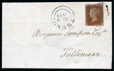 1840 1d Red pl.11 AB (from the black plates) with BLUE MC on cover