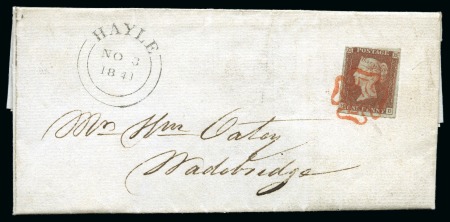 1840 1d Red pl.11 HD (from the black plates), tied by RED MC to cover from Hayle