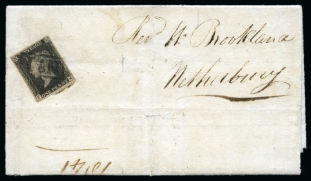 1840 1d Black pl.11 FJ tied to cover by boxed "No.1"