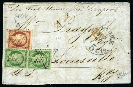 Stamp of France 1849 15c vert en paire +1F carmin sur lettre de 1852 pour les Etats-Unis, plaisant