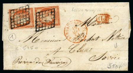 1849 40c orange en paire sur lettre de 1853 à destination de la Savoie