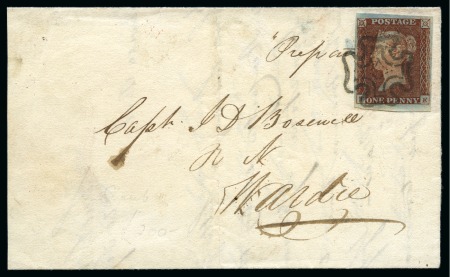1840 1d Red pl.11 TE (from the black plate) on cover sent within Edinburgh